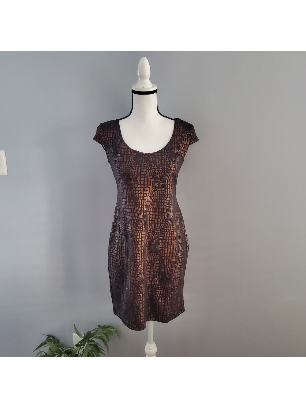 Mini Bodycon Snakeskin Blk/Brwn Foil Dress Size L